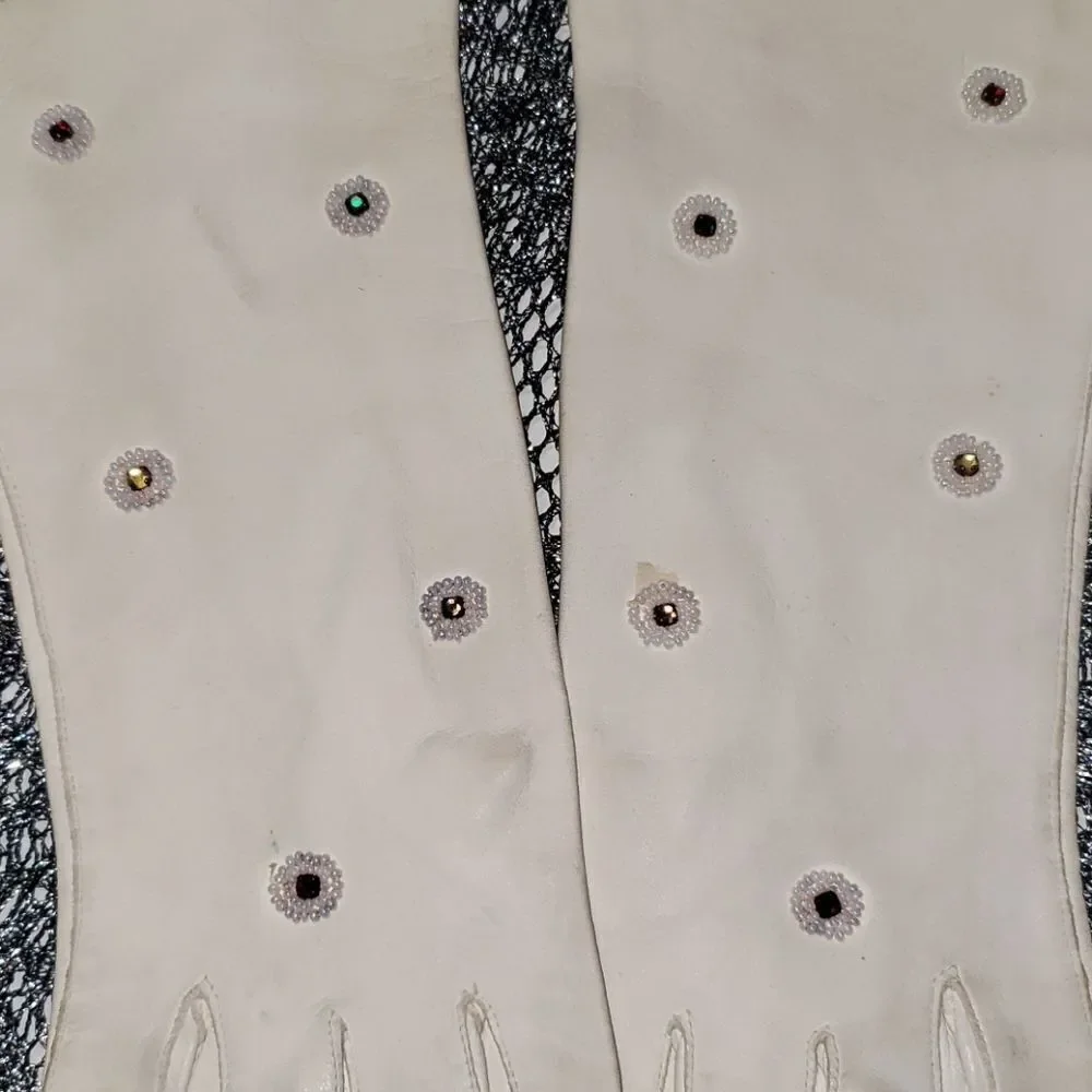 VNTG White Suede Leather Rhinestone Gloves